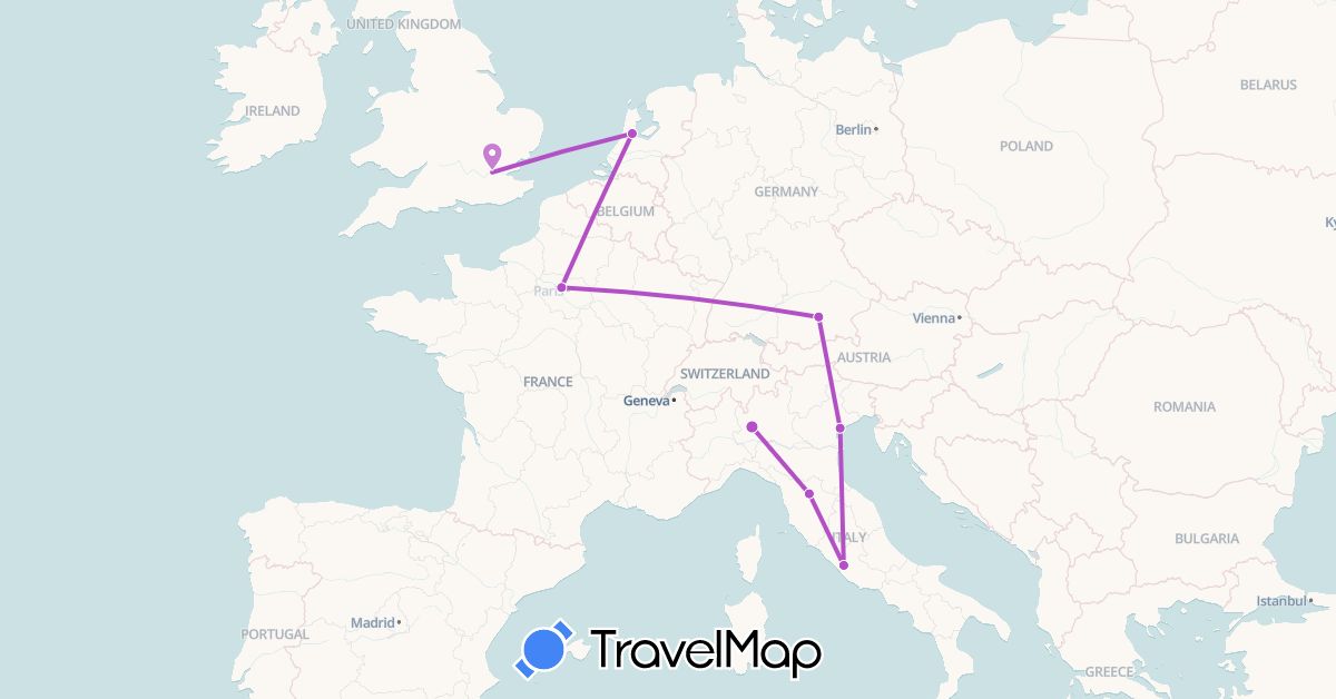 TravelMap itinerary: driving, train in Germany, France, United Kingdom, Italy, Netherlands (Europe)